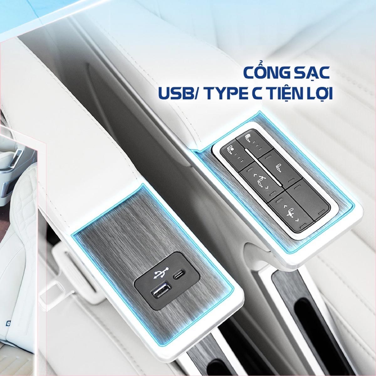 Cổng sạc USB và Type-C trên ghế Kim Long 99-N29